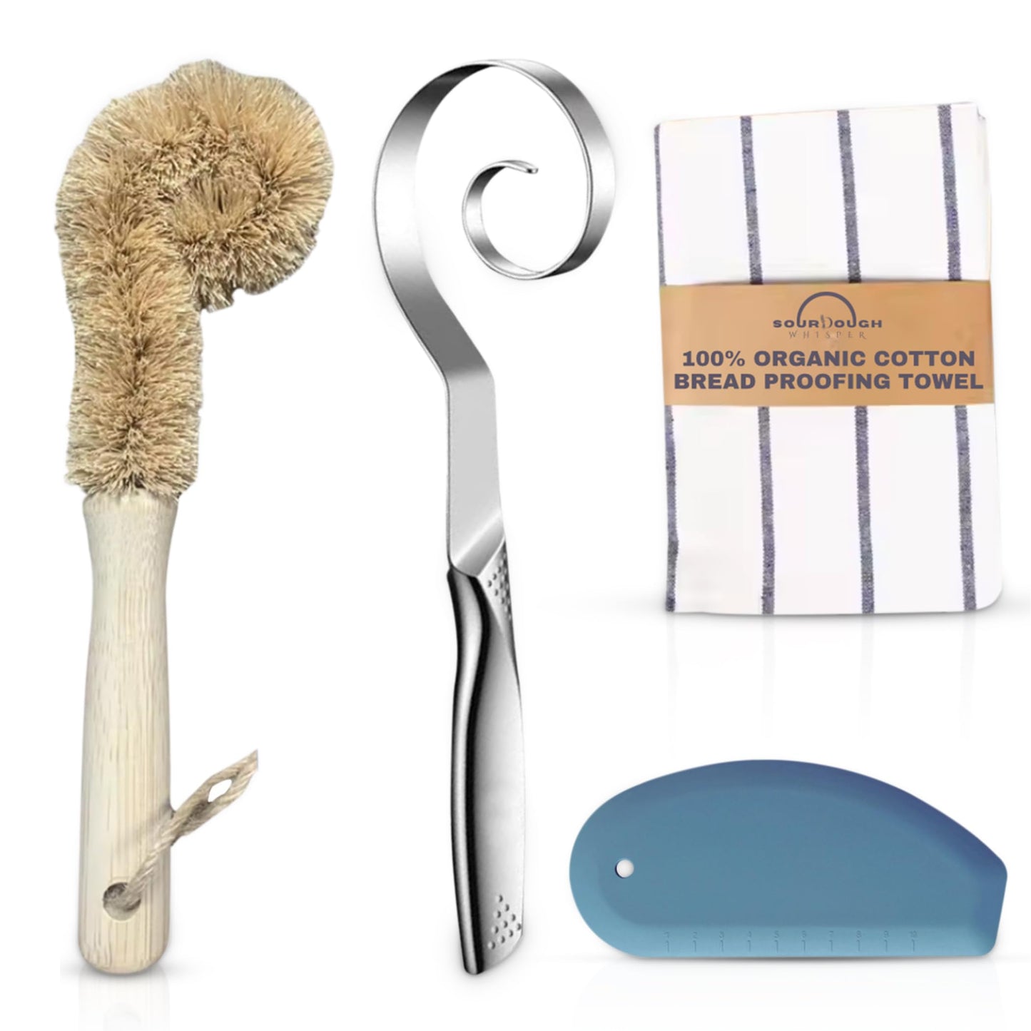 Sourdough Essential Baking Tools Set — Premium Organic Cotton Proofing Tea Towel, Seamless Danish Dough Whisk, Blue Silicone Scraper & Wood Brush (Complete Sourdough Baking & Proofing Kit)