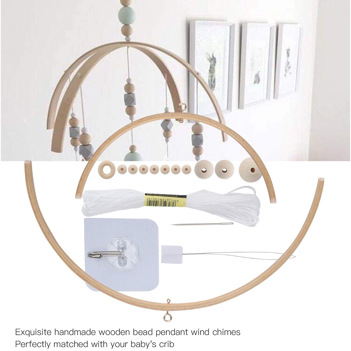 Baby Mobile DIY Kit, Nursery Wooden Frame Mobile Hanger Bed Bell Frame for Crafts Mobile Kit Wind Chime Bell Room Home Decor Gift