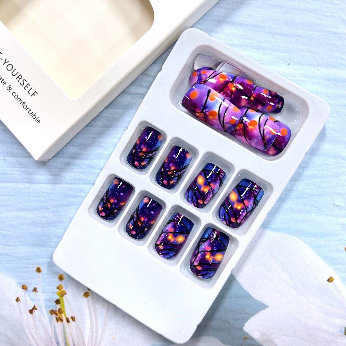 CJDLTS Press on Nails - Medium Purple Aurora Design, 24 Pcs Glossy Full Cover Acrylic Coffin Nails (Reusable Glue On, DIY Stick On)