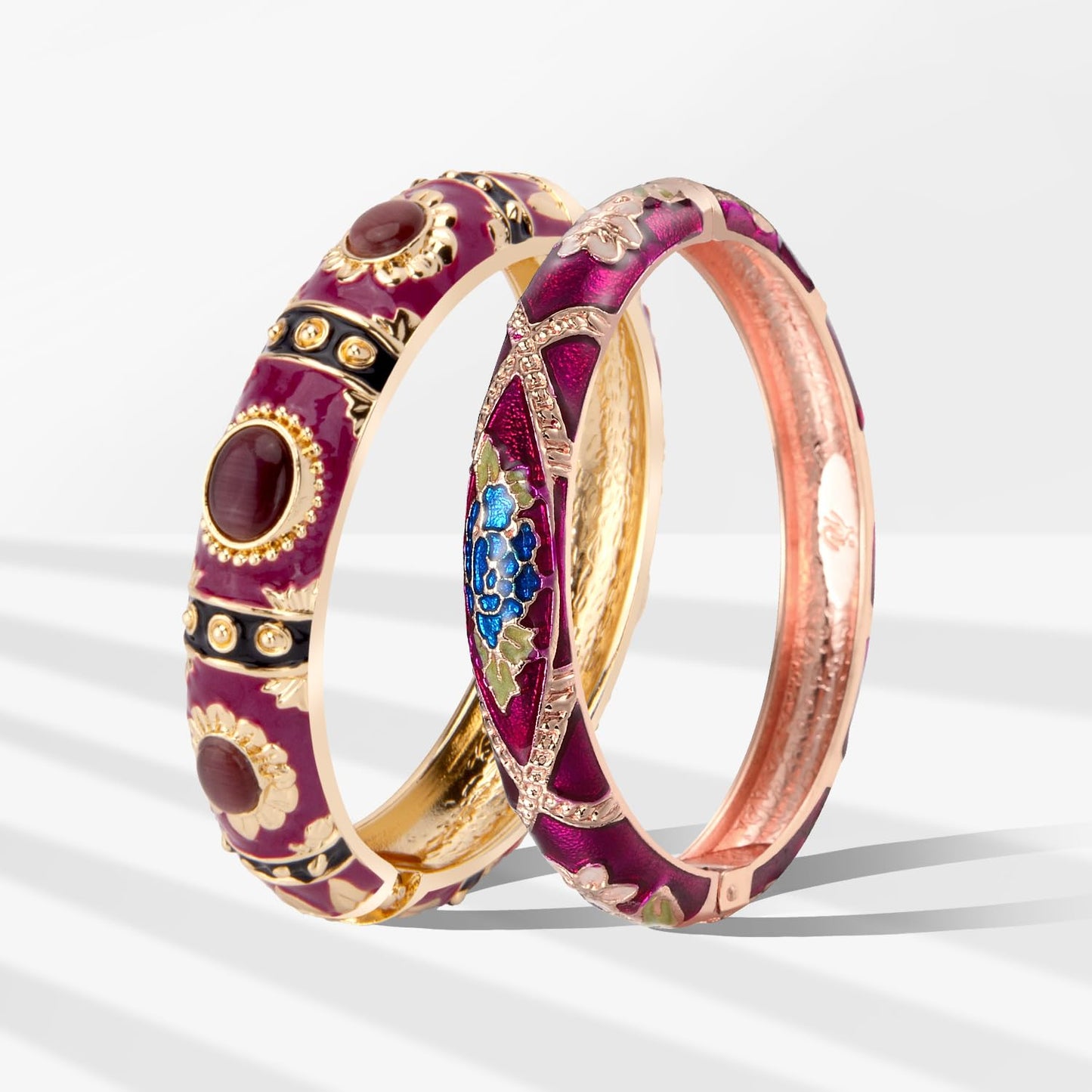 UJOY Vintage Cloisonne Jewelry Bracelet Plated Handmade Bead Rhinestones Enamel Spring Cuff Bangles 2 Pcs Set for Womens Gift 7735-55A128 Purple