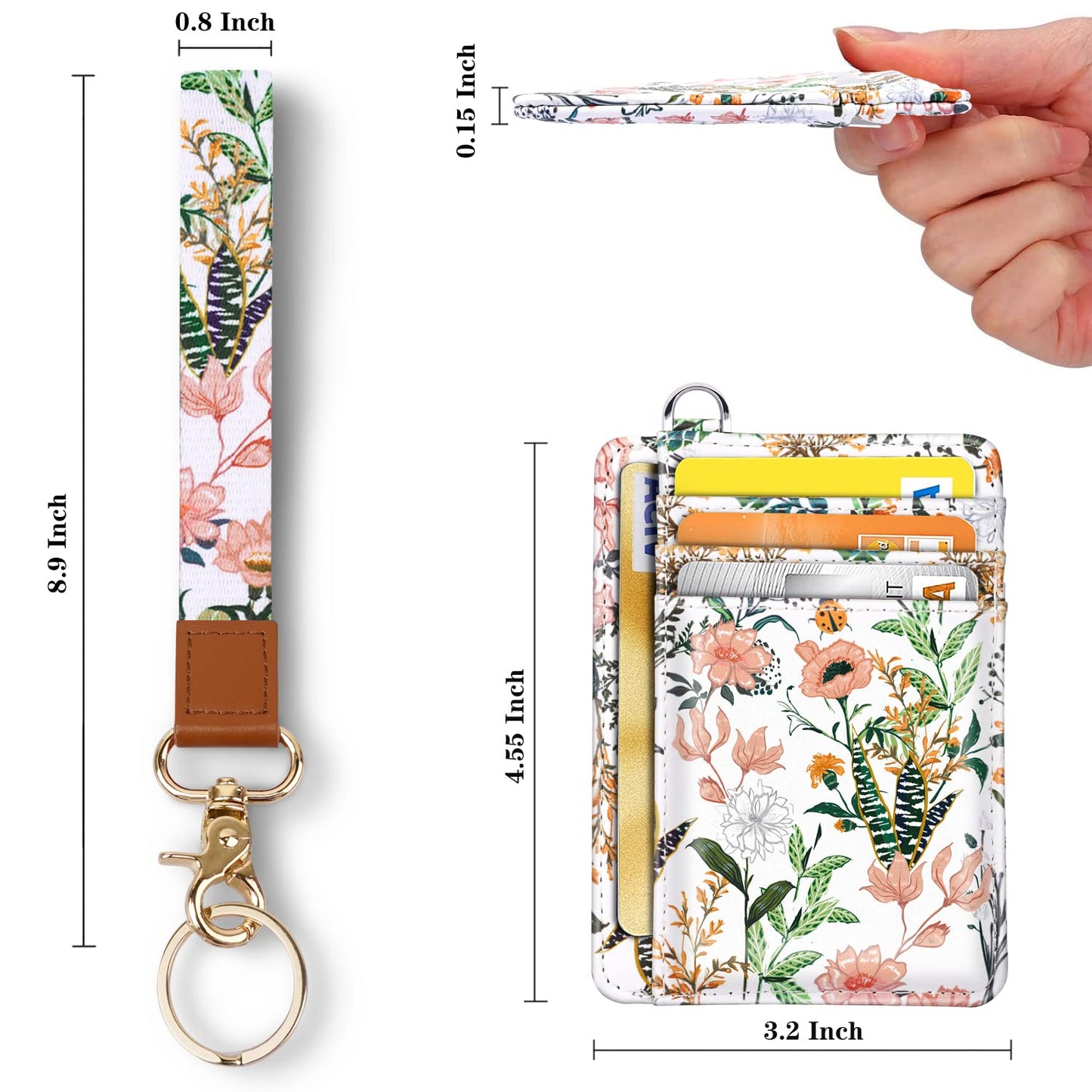 Coco Rossi Slim Front Pocket Wallet RFID ID Card Holder Cute Small Wallet with Wrist Lanyards Key Chain Holder for Women,White Flowers