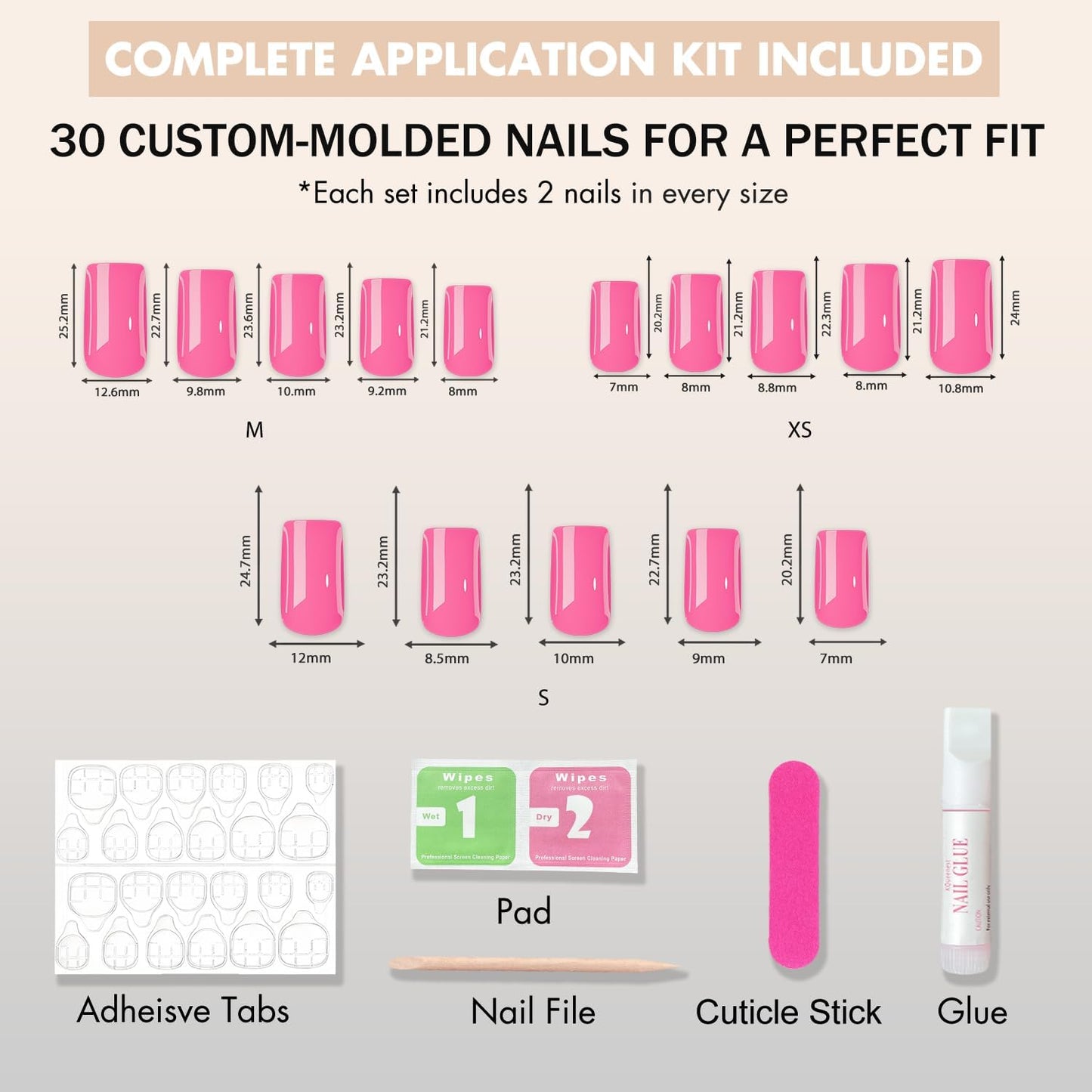 SXVME Press On Nails Long Square - Chrome Gold French Tip Press on Nails with Glue for Women, Natural Pink Fake Nails Press ons, Glazed Shiny Glue on Nails Coffin, Reusable Nail Stick Ons, 30 Pcs