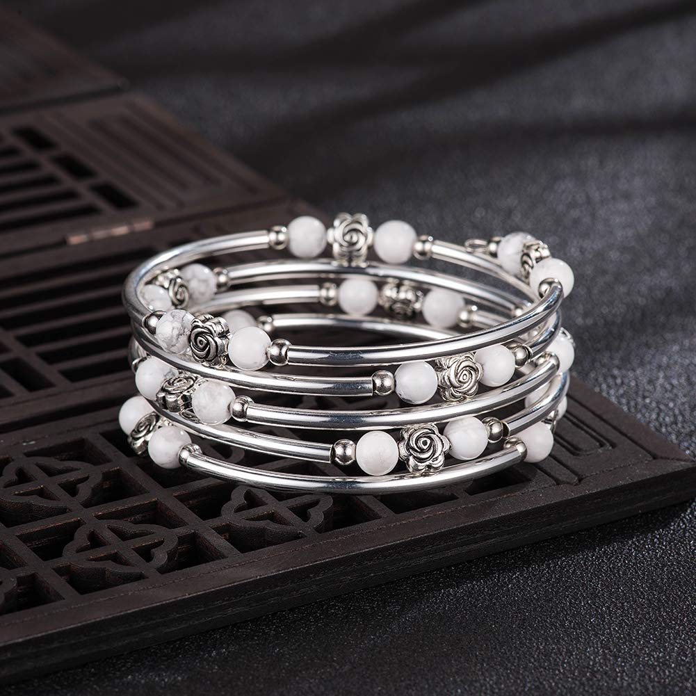 BULINLIN Wrap Bangle Rose Bead Bracelet - Beaded Bracelet with Natural Agate Stone Gifts For Women(01-Howlite)
