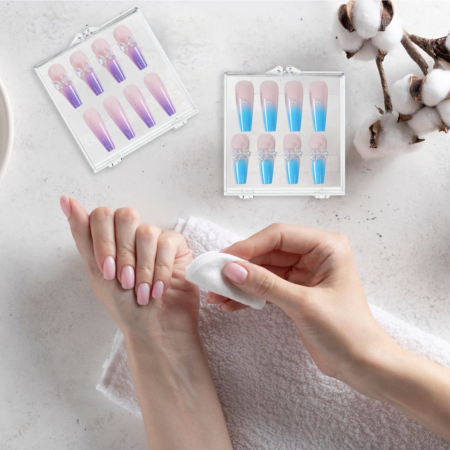 Landhoow 30 Pcs Press on Nail Storage Box with Adhesive Double Sided Tape Acrylic Artificial False Nail Packaging Display Case Organizer for Home Business Salon Supplies (Clear)