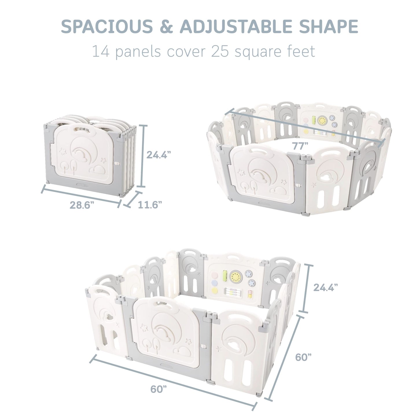 Fortella Cloud Castle Foldable Playpen, Baby Safety Play Yard with Writing Whiteboard and Activity Wall, Pack and Play for Toddlers 1-3, Indoors or Outdoors (Gray, 14 Panel)