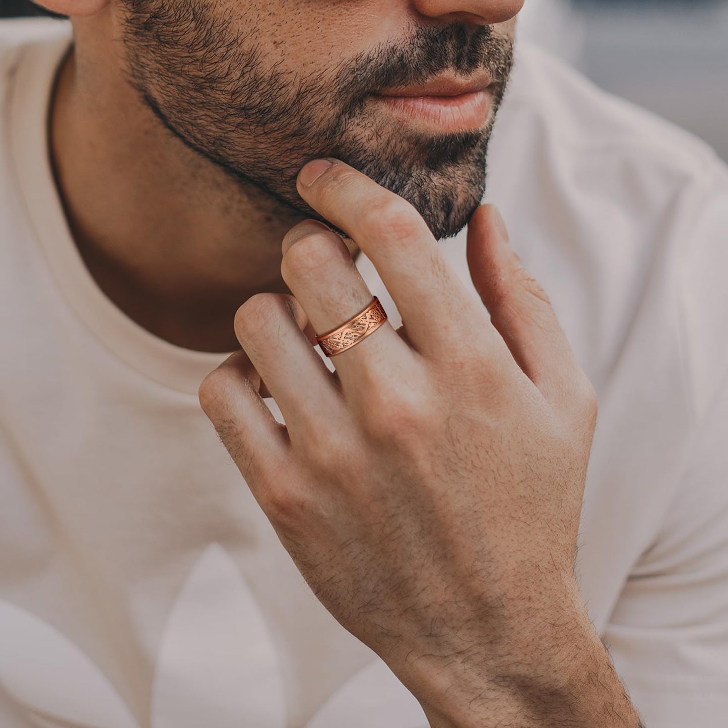 Fashtour 3 Copper Rings for Men, 99.99% Solid Pure Copper, 3pcs 3500 Gauss #9 Rings Vintage Pattern Adjustable Cuff Ring