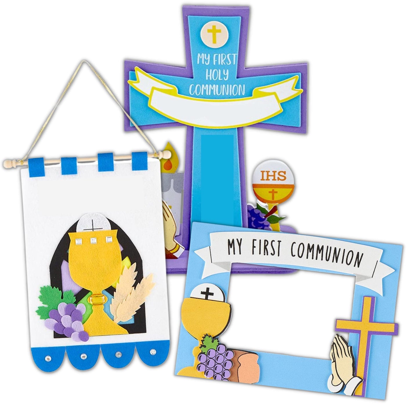 Needzo First Communion Banner Kit, Foam Frame and Cross, Catholic Crafts for Girls and Boys, 3 Pieces Included