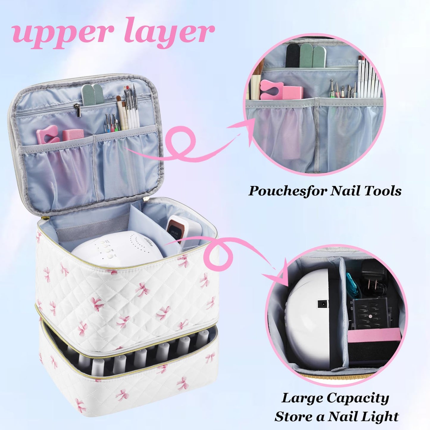PU Leather Nail Polish Organizer and Nail Lamp Case, Nail Kit Organizer Holds 30+ Bottles (15ml - 0.5 fl.oz) and a Nail Lamp, Nail Polish Carrying Case with Manicure Tools Storage Sections (Pink Bow)