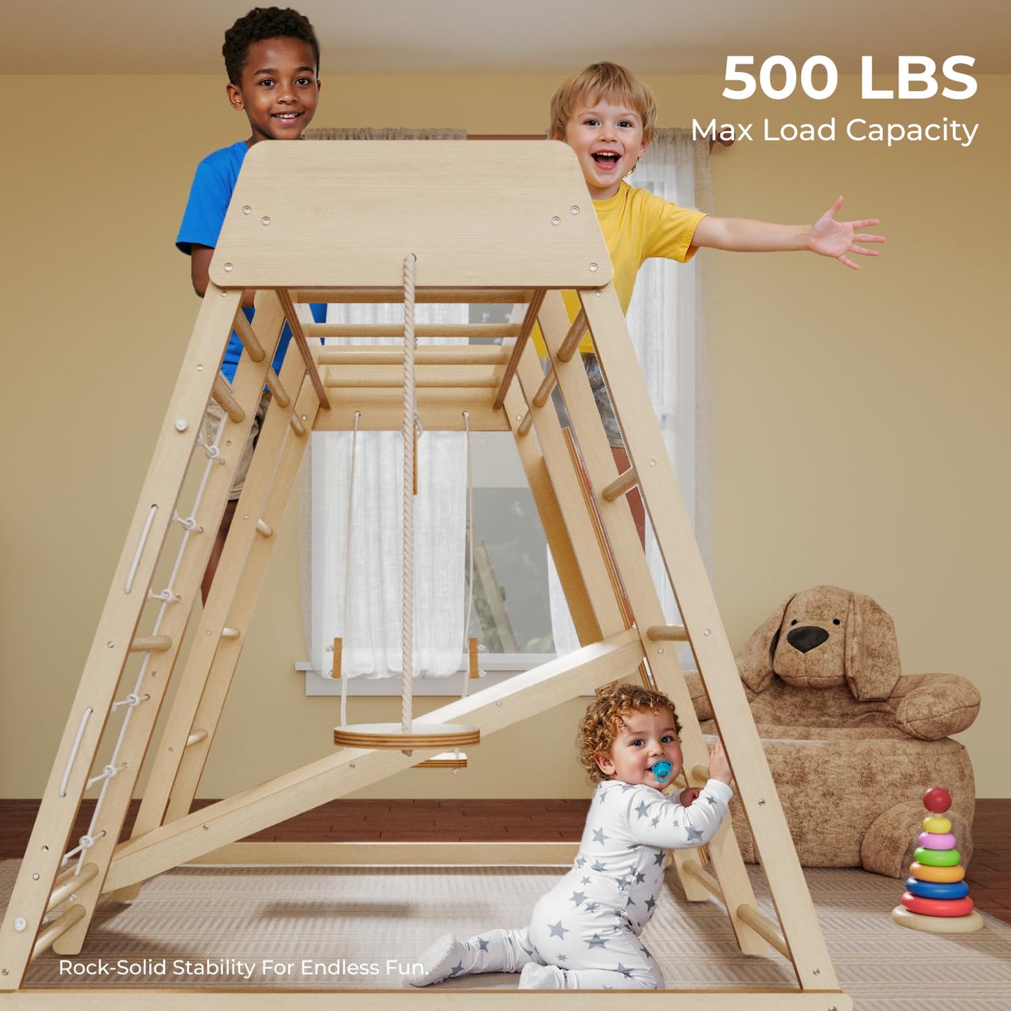 LINKHOO Large Wooden Indoor Jungle Gym for Kids Ages 2-6, Montessori Climber Playset w/Slide, Climbing Net, Monkey Bars, Swing- Indoor Playground Birthday Gift