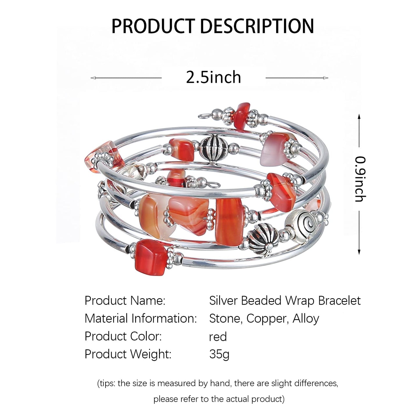 FULU AUTUMN Stone Silver Bangle Wrap Bracelet Boho Turquoise Crystal Chips Bead Bracelets Fashion Jewelry Birthday Gifts for Women(19-Red)