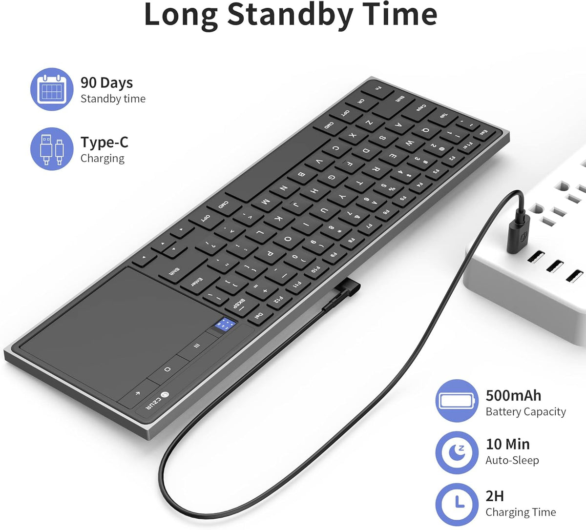 CZUR Rechargeable Bluetooth Keyboard with Touchpad, Portable Computer Keyboard with Trackpad, Wireless Ultra Slim Keyboard for PC/Laptop/Tablet/Phone, for Windows/Android