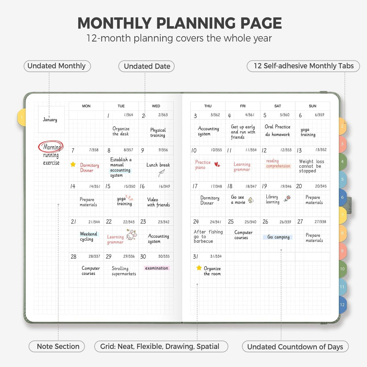 LOAPEM Daily Planner Undated, Appointment Book for Hourly, Daily and Monthly, 365 Days, One Page a Day, Medium Size (5.7" x 8.3"), Leather Hardcover, 12 Self-adhesive Monthly Tabs (Light Green)