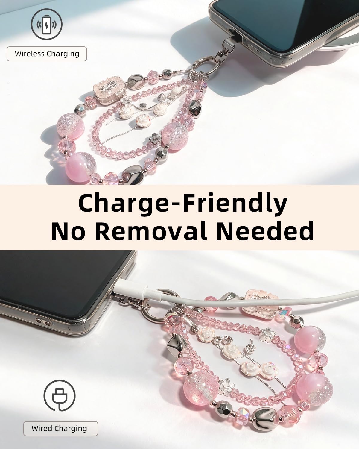 YONONIC Beaded Phone Charm and Plush Doll Protective Case Kit, Cell Phone Chain with Mini Key Headset Bag for Women, Cute Charm Wrist Strap and Portable Storage Bag for Doll Lipstick Cosmetic, Pink