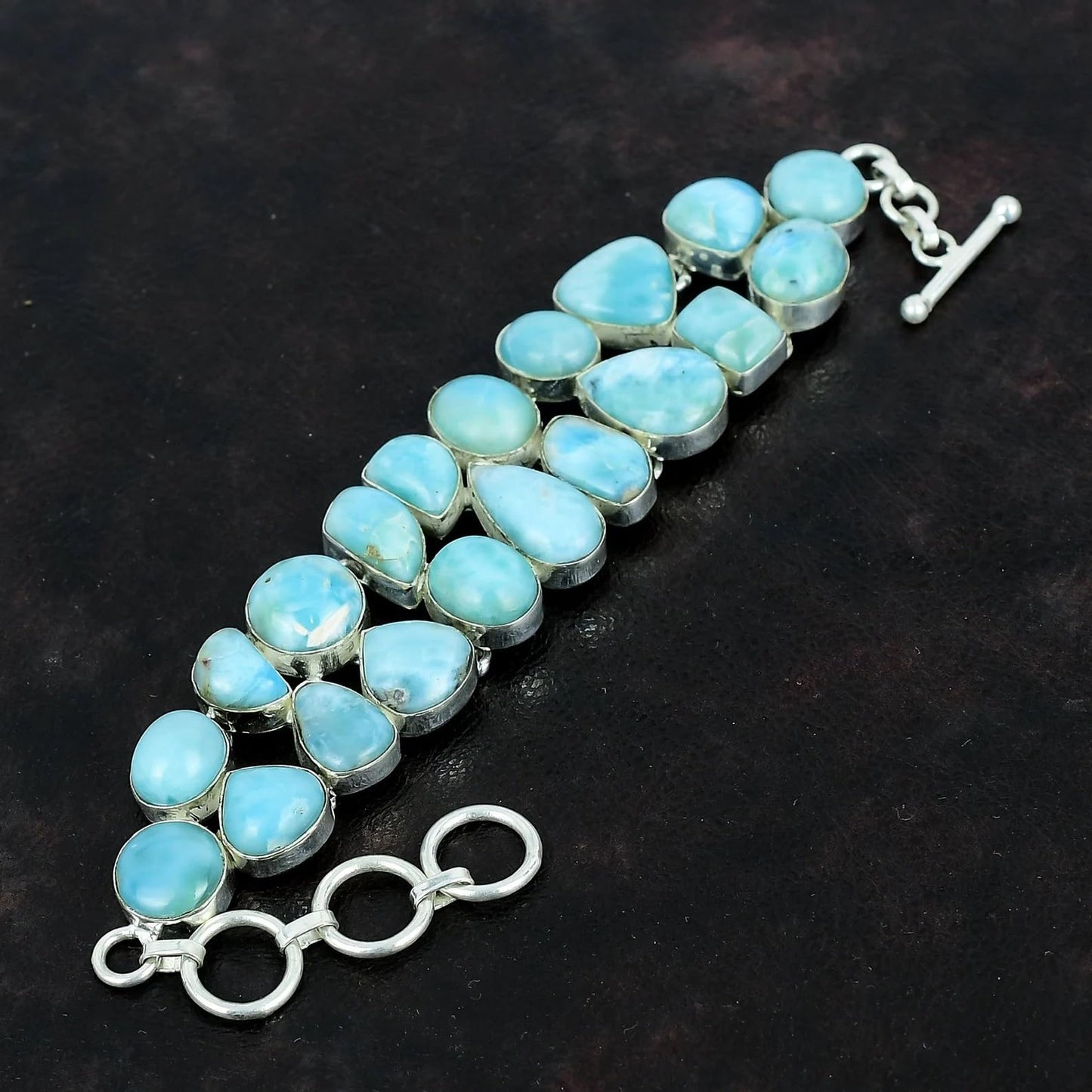 Solid 925 Sterling Silver Larimar Gemstone Bracelet – Natural Blue Larimar Stone, Women’s Stretch Silver Bracelet