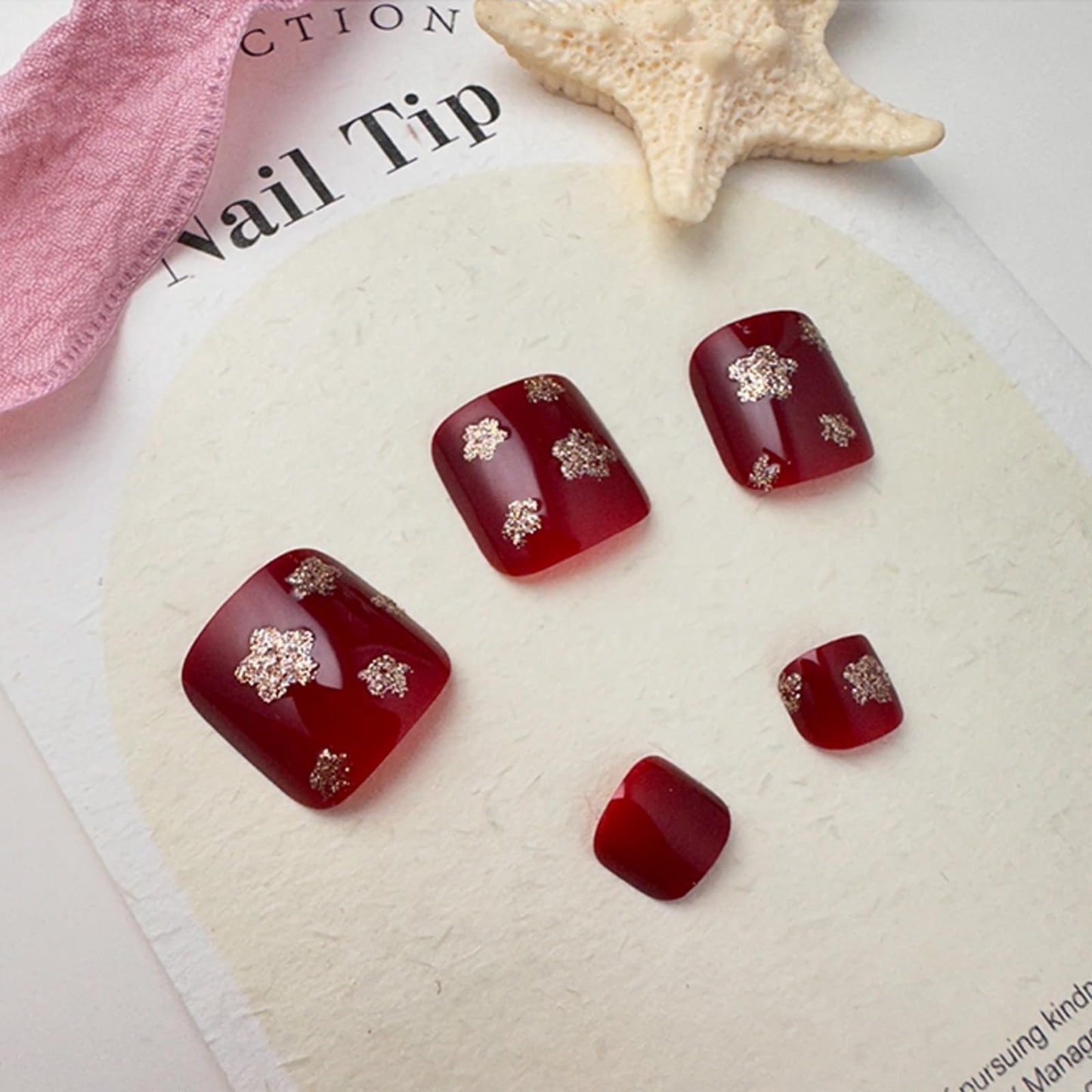 FJSMTOPl Red Press on Toenails With Flower Design - Glitter False Toe Nails, Full Cover Acrylic, Gold Glossy Tips - 24 Pcs