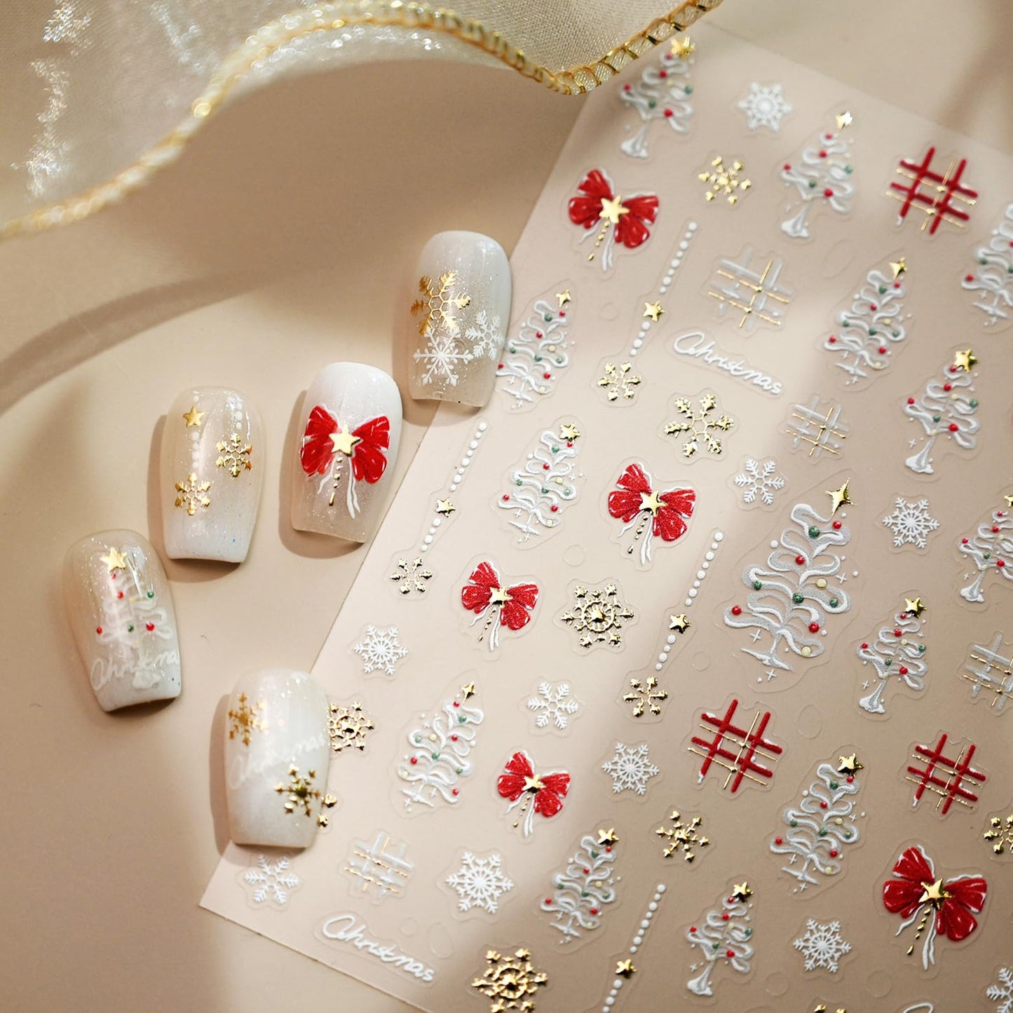 Christmas Nail Art Stickers– 3D Winter Holiday Red Bow, Snowflakes, Christmas Tree Designs – Self-Adhesive Decals for DIY Christmas Nails Manicure Decorations(1 Sheet)