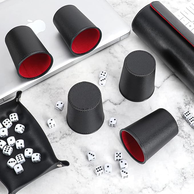 Party Games Leather Dice Cup Set, 5 Dice Cups+25 Dice+1 Folding Tray Exclusive Storage and Transport Case Made of Faux