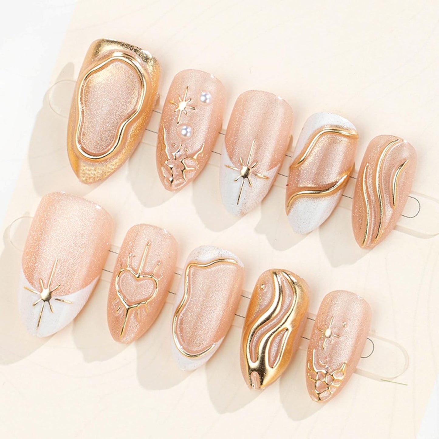 30pcs White French Tip Press on Nails 3D Gold Irregular Line Star Heart Design, Glossy Full Cover Acrylic False Nails with 3D Pearl Charm Reusable Stick Glue on Fake Nails for Women