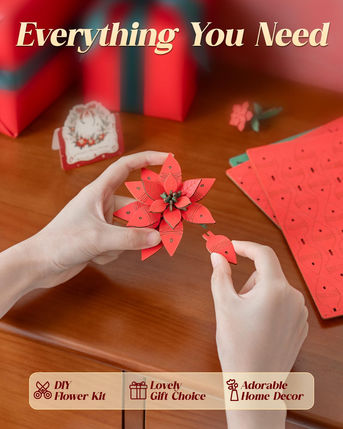 Rowood 3D Puzzles for Adults,Poinsettia Building Set Craft Kit,Artificial Flower Botanical Collection,Christmas Flowers Decoration Centerpiece for Table