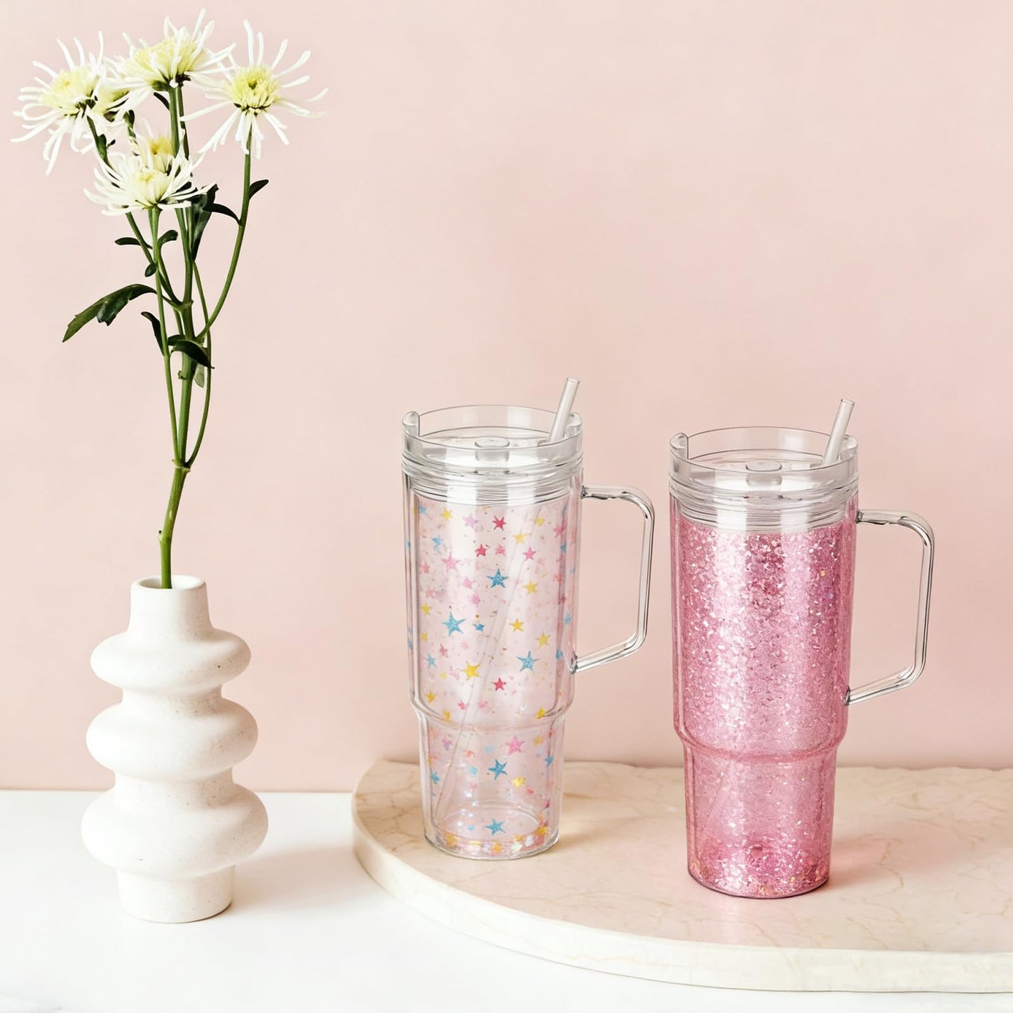 40 Oz Snow Globe Tumbler Supplies 4 Pack Acrylic Snowglobe Tumblers Cups with Handle Clear Pre-Drilled Double Wall Snow Globe Tumbler Starter Kit for DIY Glitter Tumblers