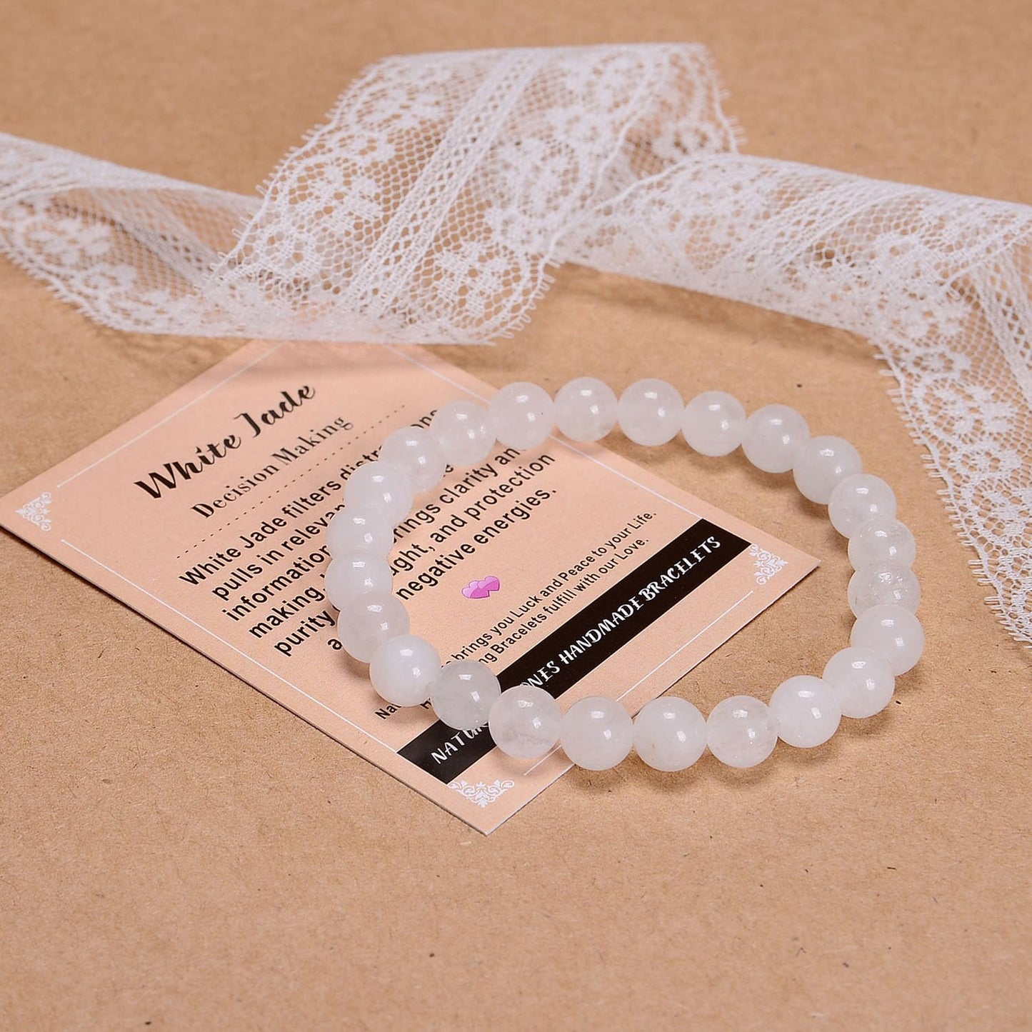 AD Beads Handmade Gemstone Stretch Elastic Bracelet Crystal Healing Reiki Nature's Beauty and Spiritual Essence Unisex (8mm, White Jade (Decision Making))