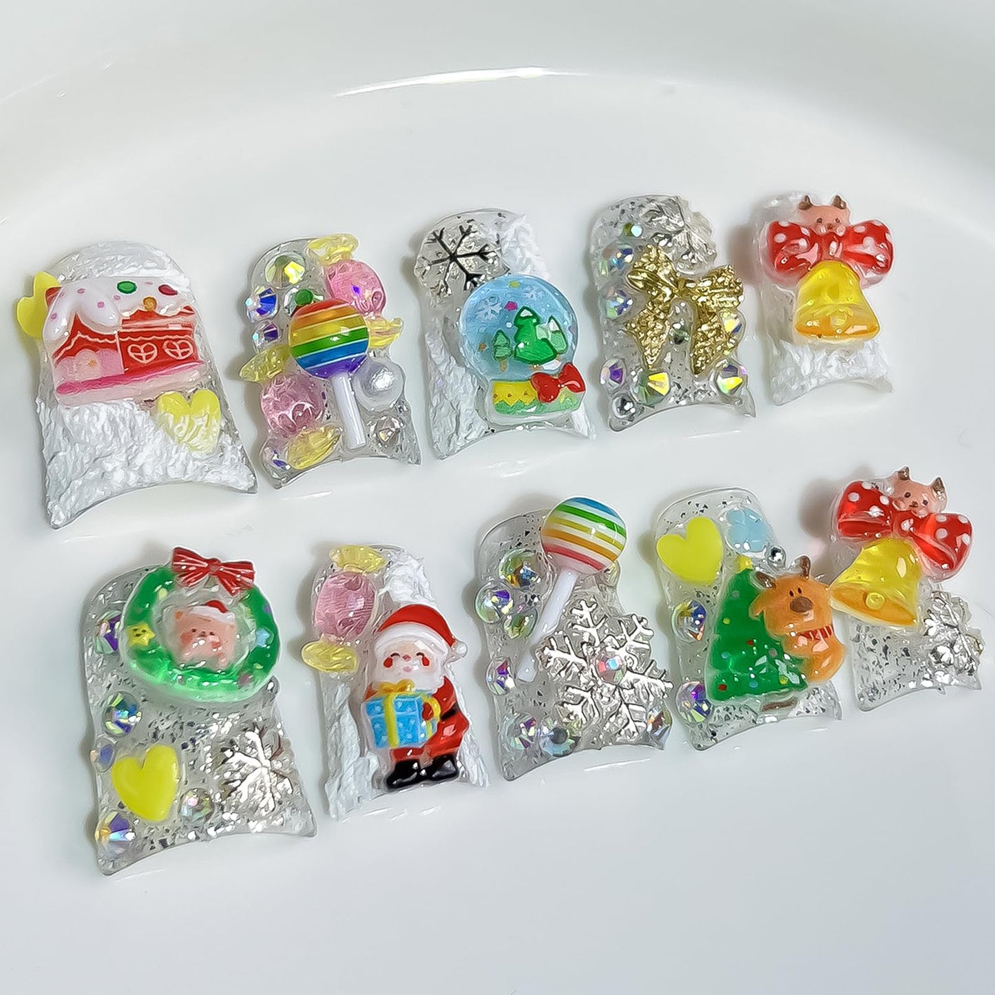 Christmas Luxury Press on Nails Short Duck Handmade 3D Unique Reusable ABS Material Fake Nails Cute False Nails with Santa Reindeer Tree Snowflake Bow Glossy Glue on Nail Thick Acrylic Nail(M)