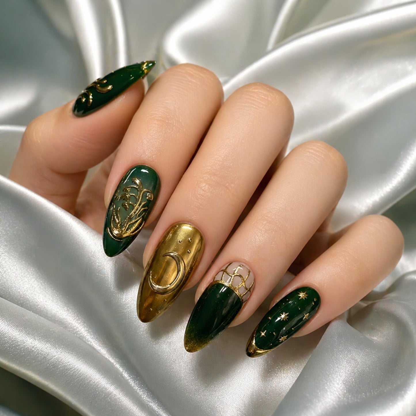 Medium Press on Nails Almond Fake Nails Green Acrylic Nail Press Ons Seeneey Flowers and Gold Charm Designs Stick on Nail for Women 10pcs