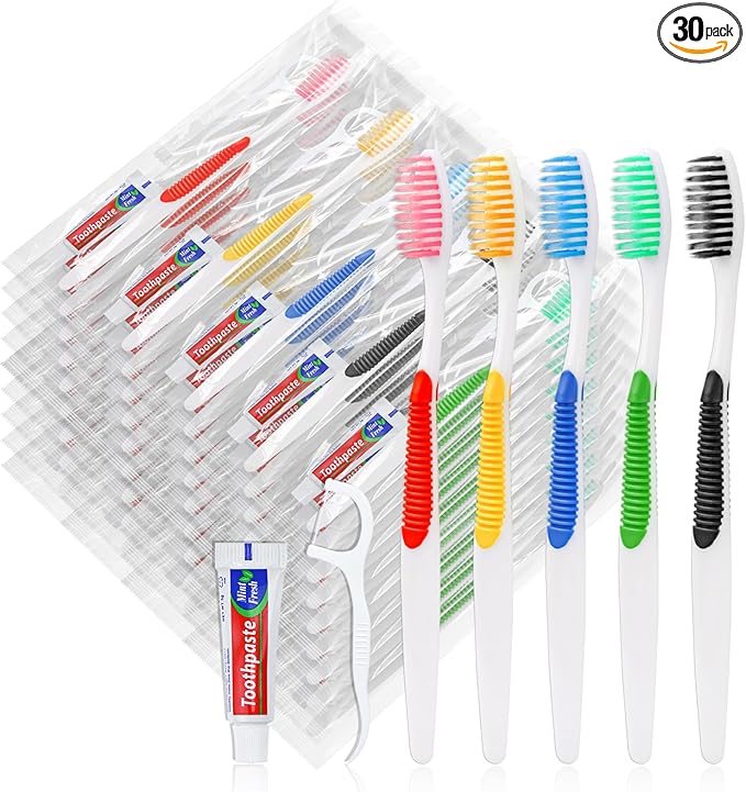 Disposable Toothbrushes with Toothpaste and Floss,30pcs Single Use Individually Wrapped Disposable Travel Toothbrushes and Dental Floss Kit Bulk for Homeless,Airbnb,Dentist,Hotel(5 Colors)