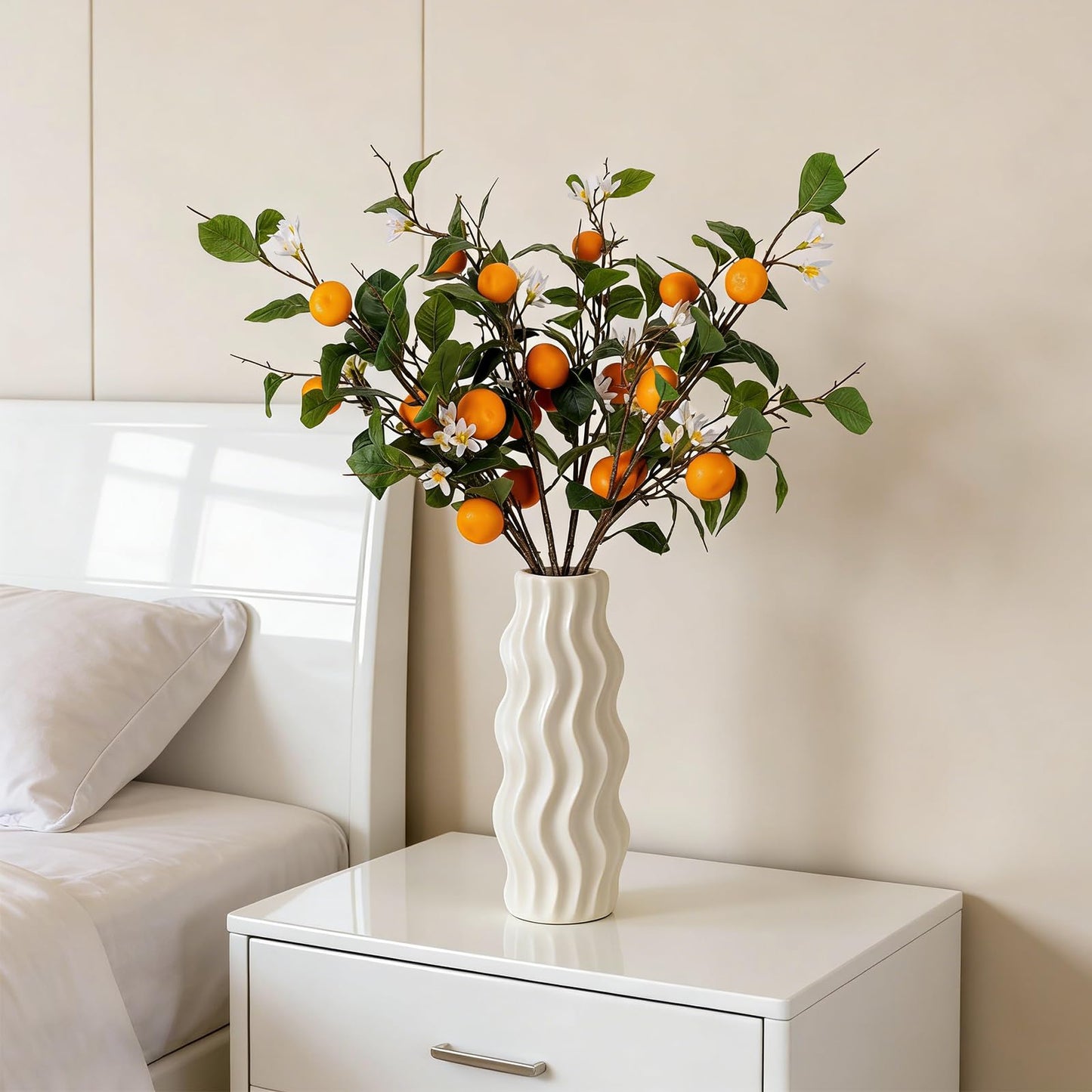 2PCS 37.8Inch Artificial Tangerine Branches Artificial Orange Branches Fake Orange Stem 10 Fruit with 20 White Flowers Long Stem for Home Party Wedding Office Thanksgiving Indoor Outdoor Decor