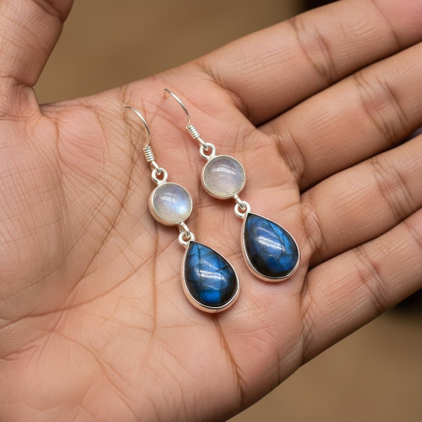 Natural Moonstone and Labradorite Drop Earrings for Women, Sterling Silver, 1.6 Inch Length, 19.45 Carat, Blue and White Gemstones | Gift for Her