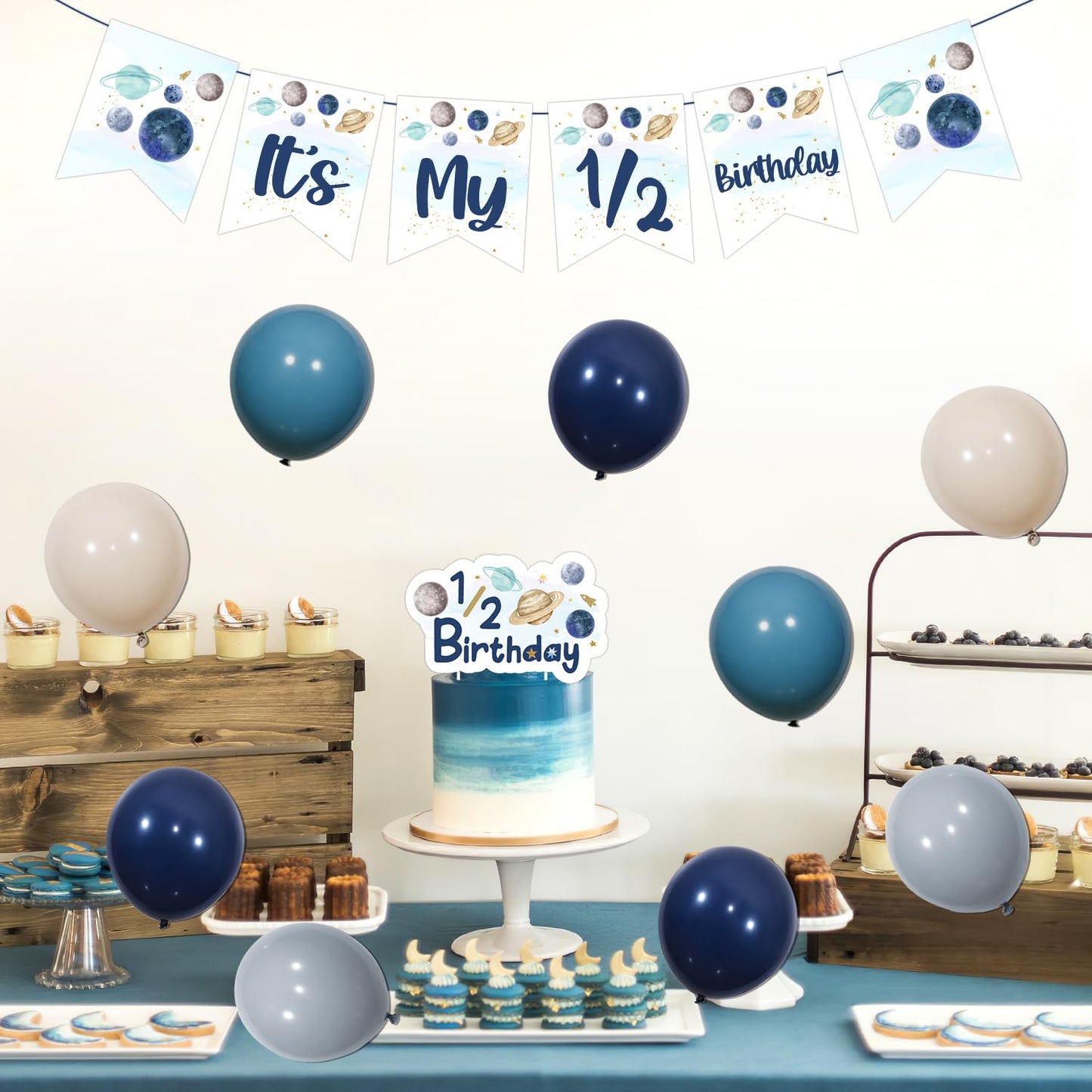 Half Way Around The Sun Birthday Decorations, Outer Space Theme It's My 1/2 Birthday Banner 1/2 Birthday Cake Topper 6 Month Balloons Kit for Astronaut Solar System Planet 1/2 Birthday Supplies