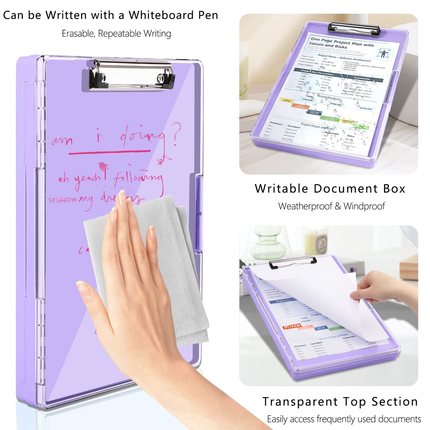 SFLHHDM Clipboard with Storage,Heavy Duty Clip Boards 8.5x11 with 2 Storage Case,Clear Visible Panel Storage Clipboards,Side Opening Nursing Clipboard Folder for Office Supplies-Light Purple