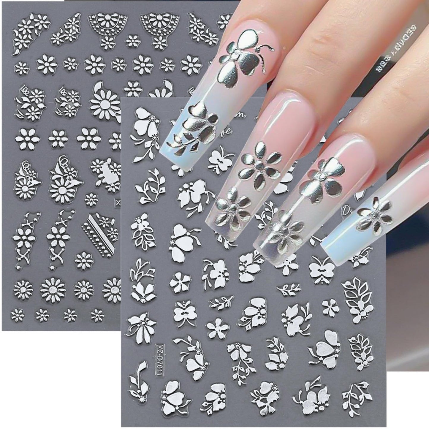 12 Sheets Silver Nail Art Stickers, 3D Self-Adhesive Bronzing Sun Moon Stars Bow Designs Nail Sticker Acrylic Manicure Decals Decorations Accessory for Women Girls