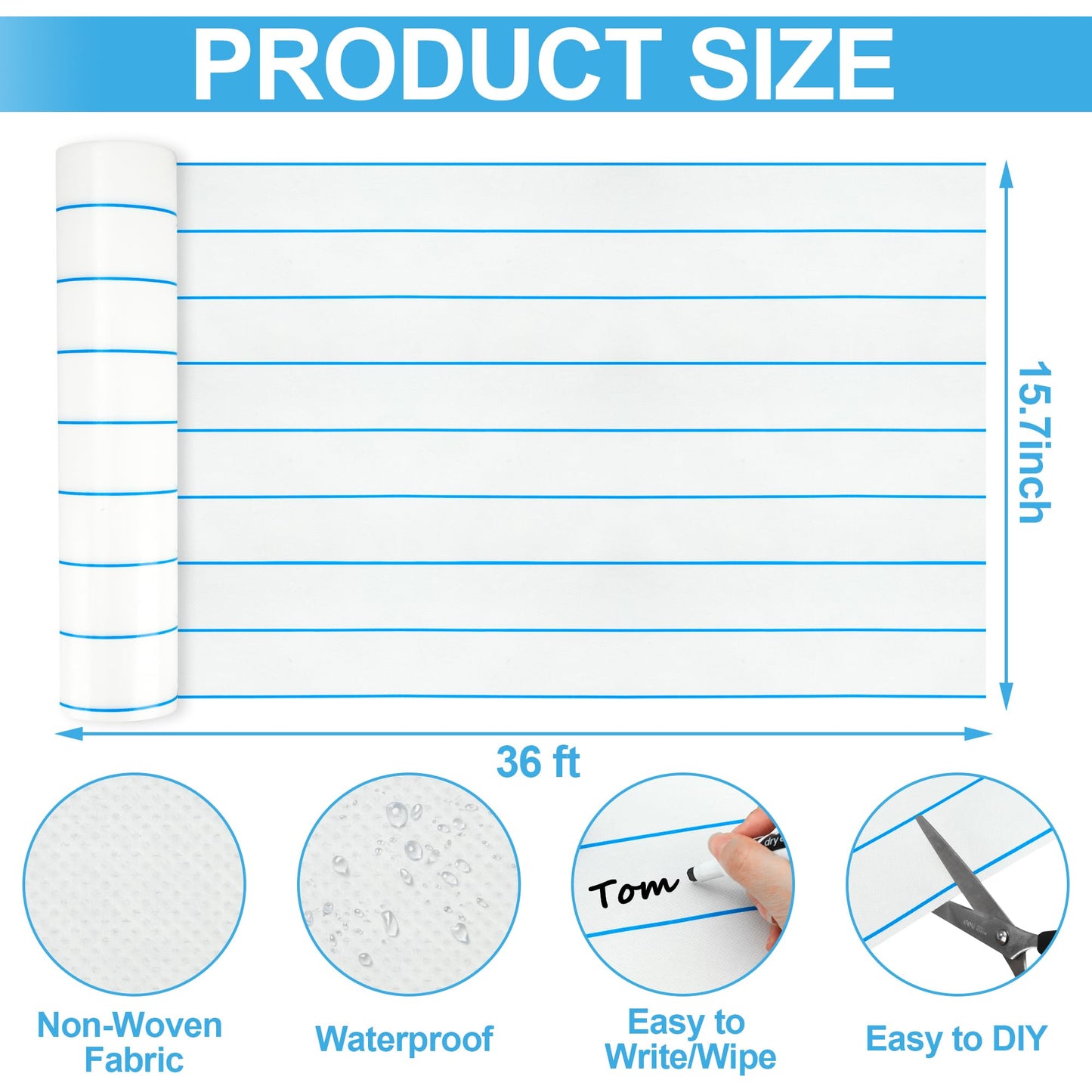 Lined Bulletin Board Roll 15.7in x 36ft Reusable Waterproof Non-Woven Fabric Background Fade Resistant Erasable Blue Lined Classroom Bulletin Board Decor for School Office Arts Crafts Home Wall Decor