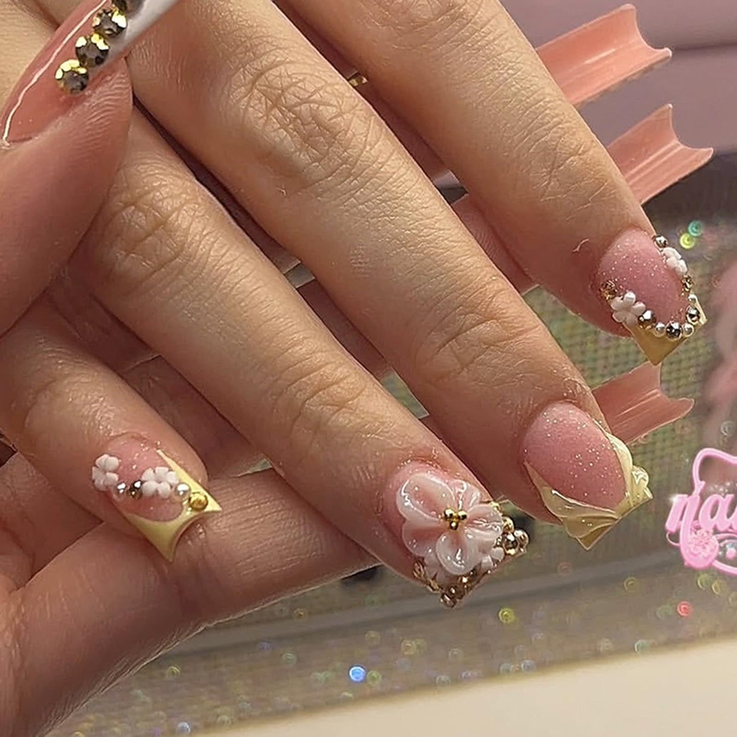 IMSOHOT Short Square Press on Nails - 24Pcs Glossy French Tip Fake Nails with 3D Flower and Rhinestone Accents, Pink Spring Design