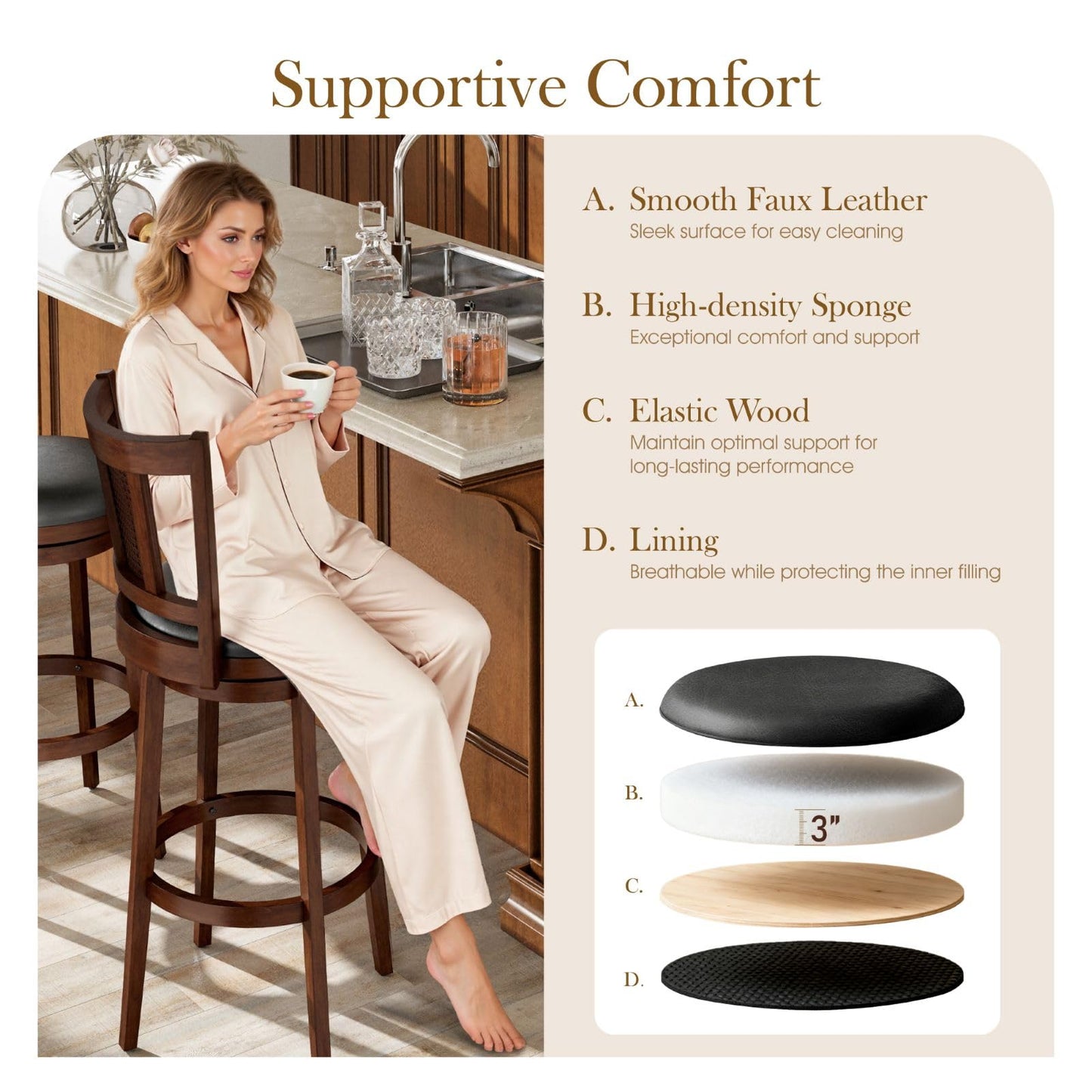 Sophia & William Swivel Bar Stools Set of 6, Bar Height Barstools with Backrest & Solid Wood Legs, Brown Faux Leather Kitchen Stools, 30 Inch