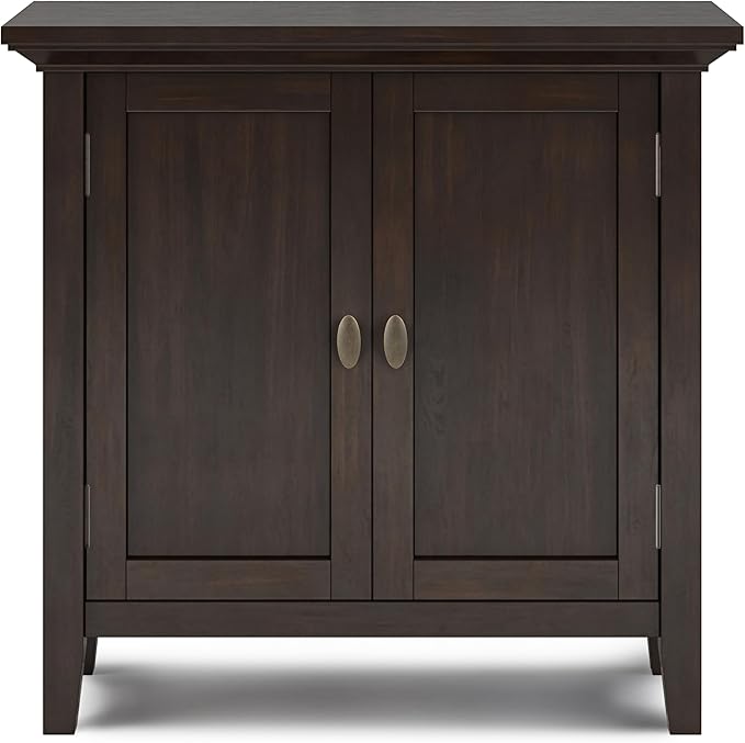 SIMPLIHOME Redmond SOLID WOOD 32 inch Wide Transitional Low Storage Cabinet in Brunette Brown for the Living Room, Entryway and Family Room
