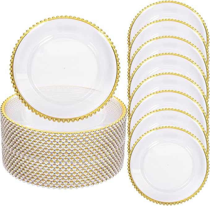 EI 13 Inch Gold Charger Plate,50pcs Clear Charger Plates with Gold Rim,Disposable Chargers Plate,Plastic Chargers Plates for Dinne Family Party and Wedding