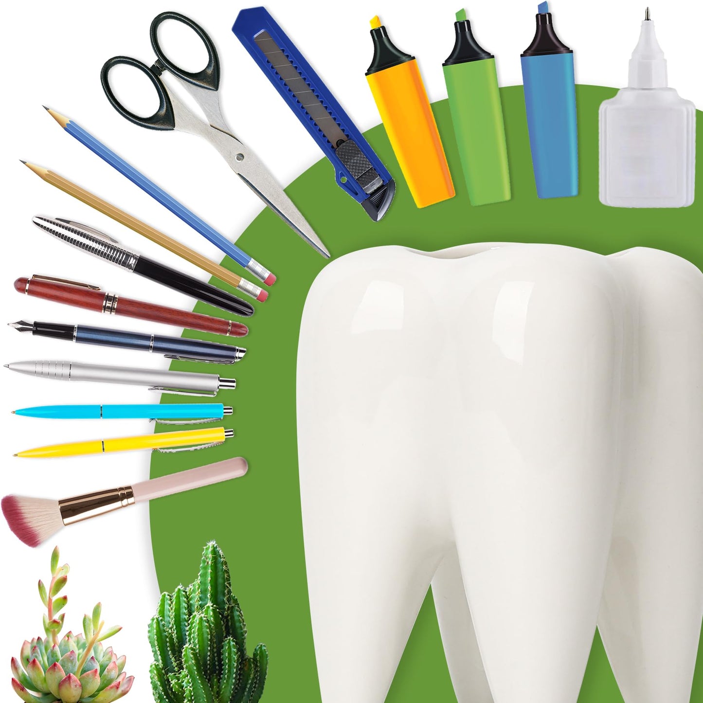 ComSaf Ceramic Pen Holder, Tooth Shaped Pen Holder for Desk, Cute Pencil Pot White Accessories Desk Organizers for Office, School, Home，Pack of 1