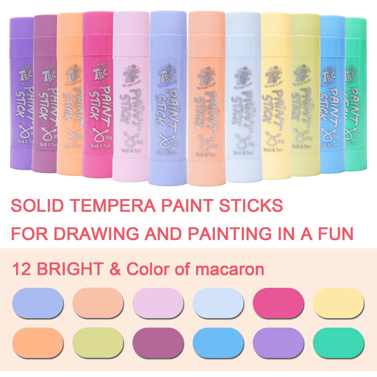 TBC The Best Crafts Paint Sticks, 12 Colors Pastel, Washable, Non-toxic, Tempera Paint Sticks for Kids and Students