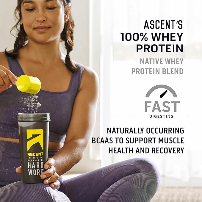Ascent 100% Whey Protein Powder - Post Workout Whey Protein Isolate, Zero Artificial Flavors & Sweeteners, Gluten Free, 5.5g BCAA, 2.6g Leucine, Essential Amino Acids, Lemon Sorbet 1.7 lb