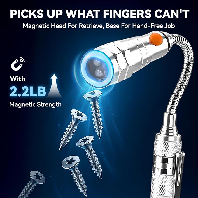 VIBELITE Extendable Magnetic Flashlight with Telescoping Magnet Pickup Tool-Cool Gadget Christmas Gifts Stocking Stuffers for Men, Husband, Dad, Father, Mechanic, Tech, Handyman, Him Women, Silver