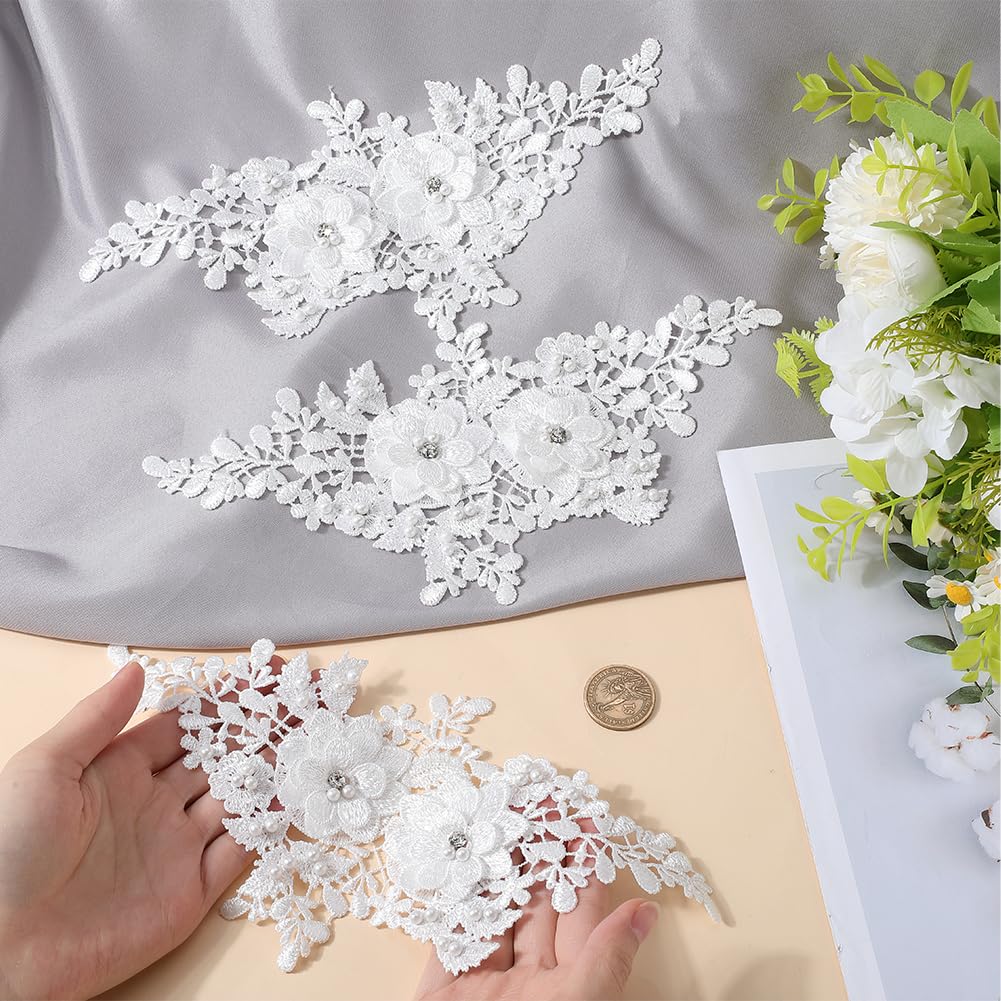 CABODYALS 4Pcs Beaded Lace Appliques White Pearl 3D Flower Crystal Applique Polyester Embroidery Floral Rhinestone Sew on Patches for Sewing Making Dresses Clothes Wedding Gown Headpiece DIY Supply