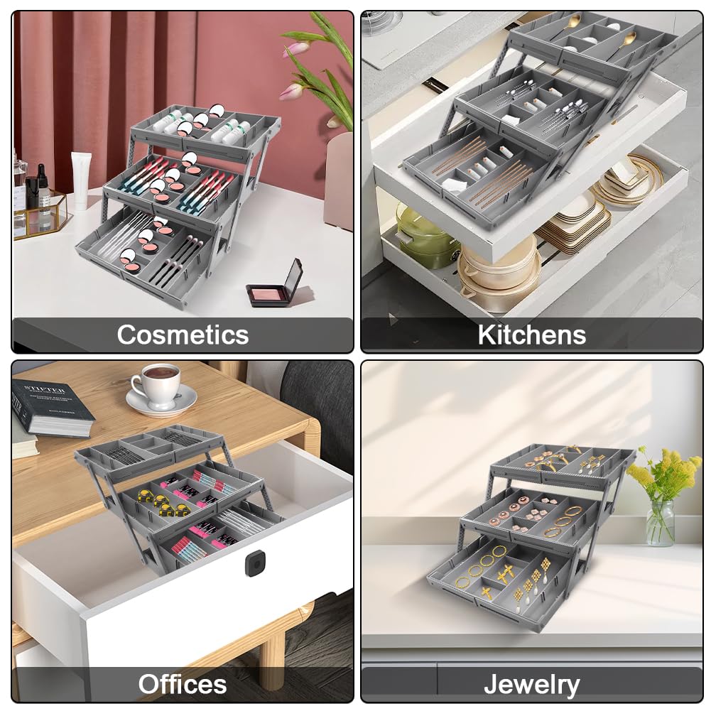 Abnaok 3 Tier Drawer Organizer Multi Level Collapsible Expandable Desk Organizer Trays for Office Supplies, Kitchen Gadgets Utensils, Vanity, Makeup, Jewelry