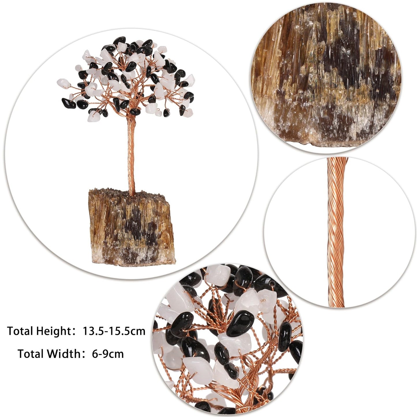 SUNYIK Handmade Crystal Money Tree Set on Amber Calcite Base, Tree of Life Wrapped Tumble Stones Decoration for Home Office, White Jade