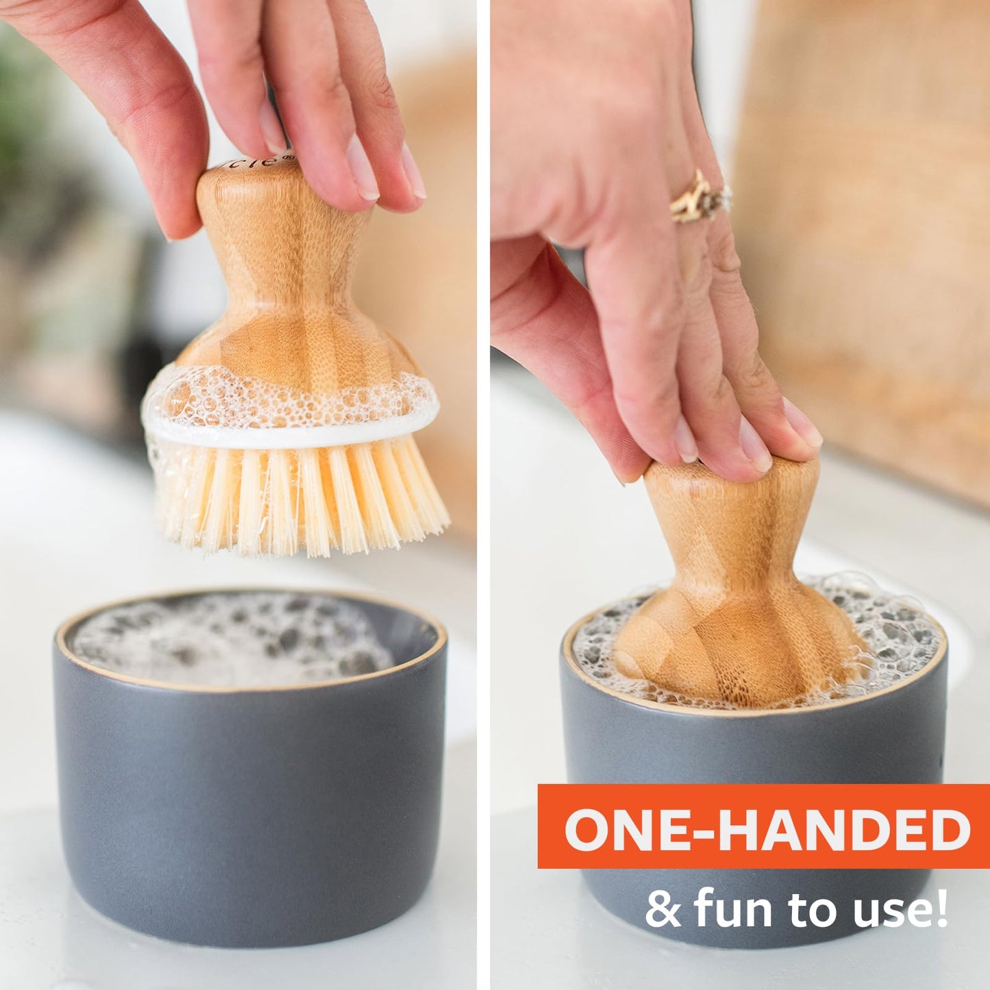 Full Circle Bubble Up Bamboo Dish Brush & Ceramic Soap Dispenser – Family Safe, Formaldehyde-Free – Kitchen Scrub Brush for Dishes, Nonstick & Cast Iron, Gray