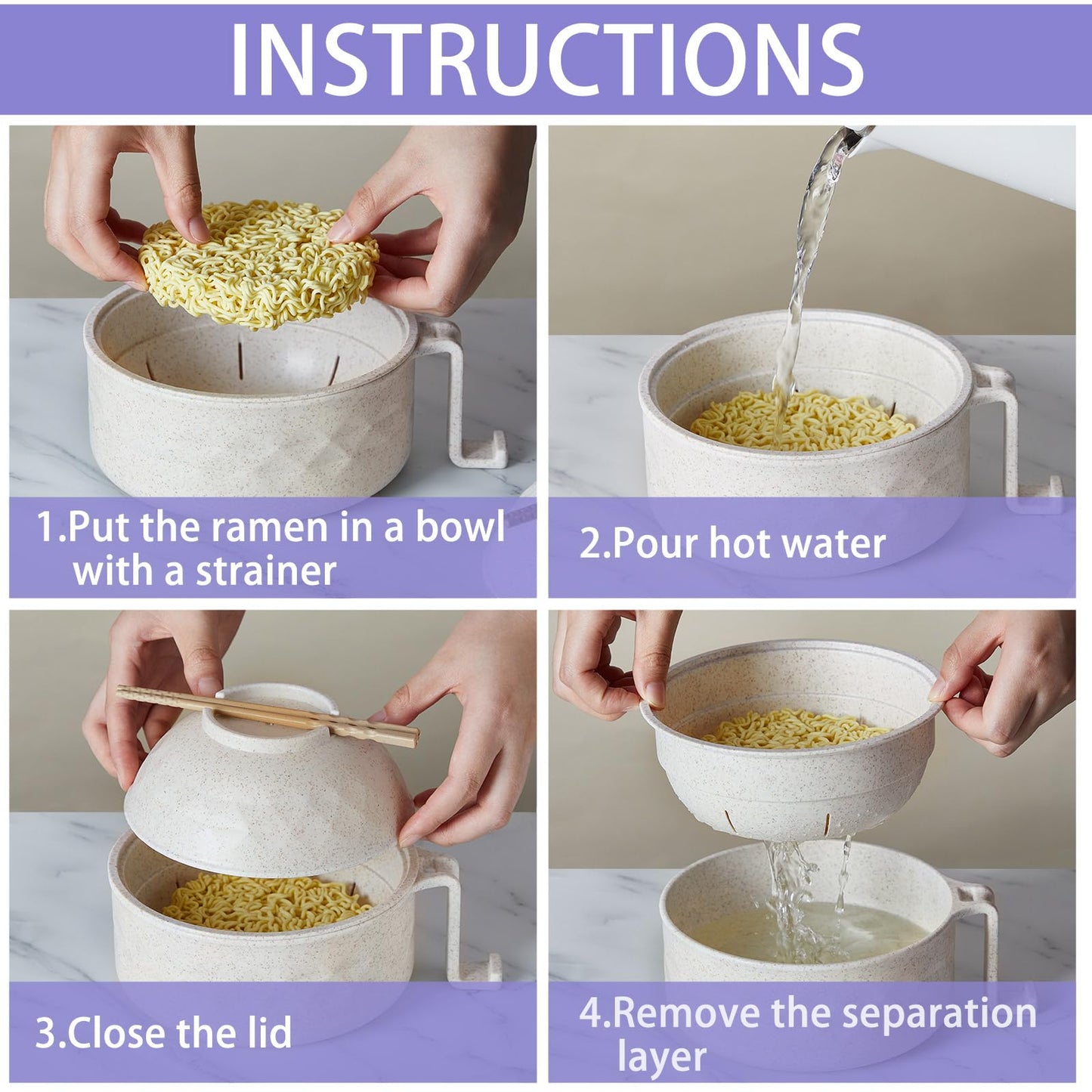 Romooa 2 Sets Microwave Ramen Cooker Bowl Set with Spoon Chopsticks Fork Wheat Fiber Instant Noodle Bowl with Handles Ramen Kit for College Dorm Room Apartment Essentials
