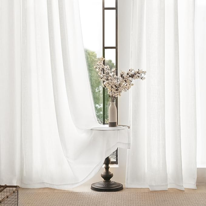 Linen White Curtains 90 inches Long for Bedroom Loop Pocket Privacy Light Filtering Semi Sheer White Boho Farmhouse Curtain Drapes Cotton Textured Modern Elegant Coastal Living Room Decor 60x90