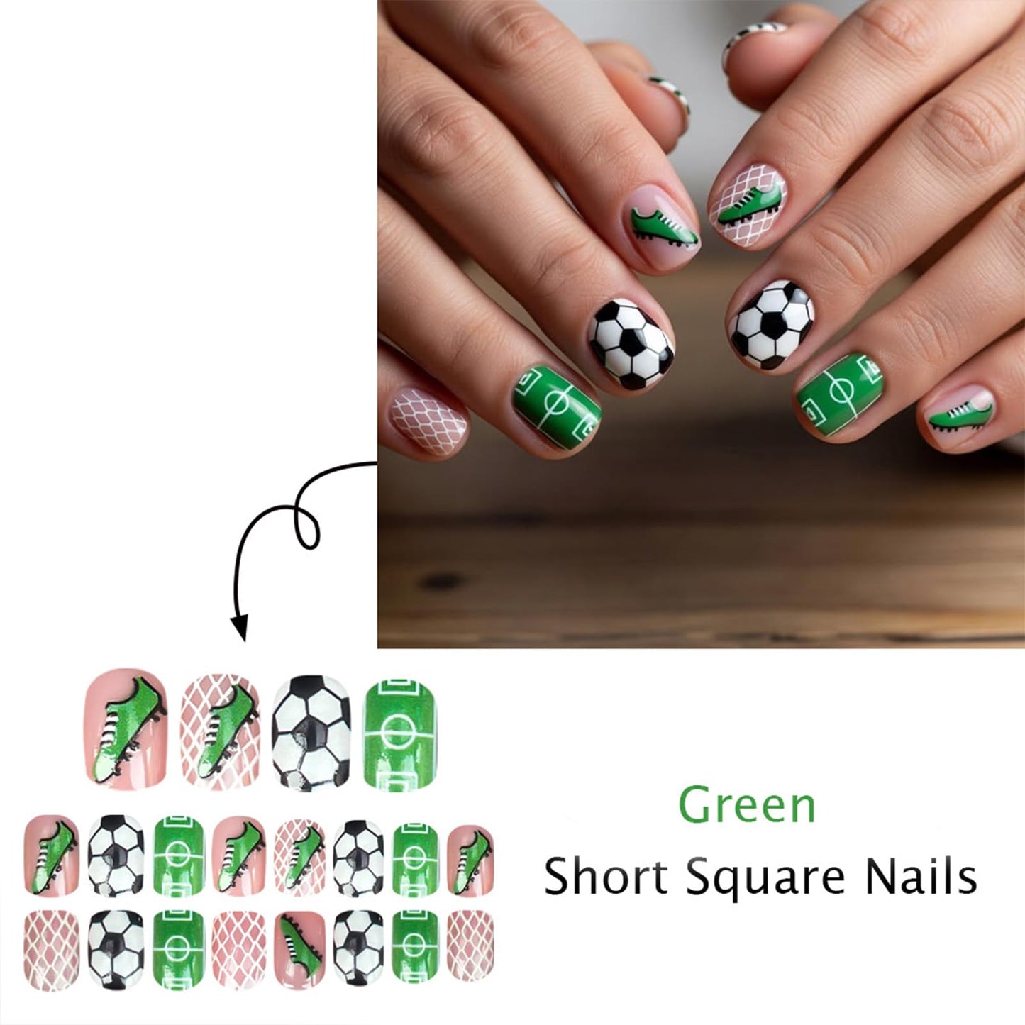Green Soccer Theme Press on Nails Short Square Fake Nails Green Football Field False Nails Football Boots Acrylic Stick on for Women Girls Soccer Manicure Decoration 24Pcs