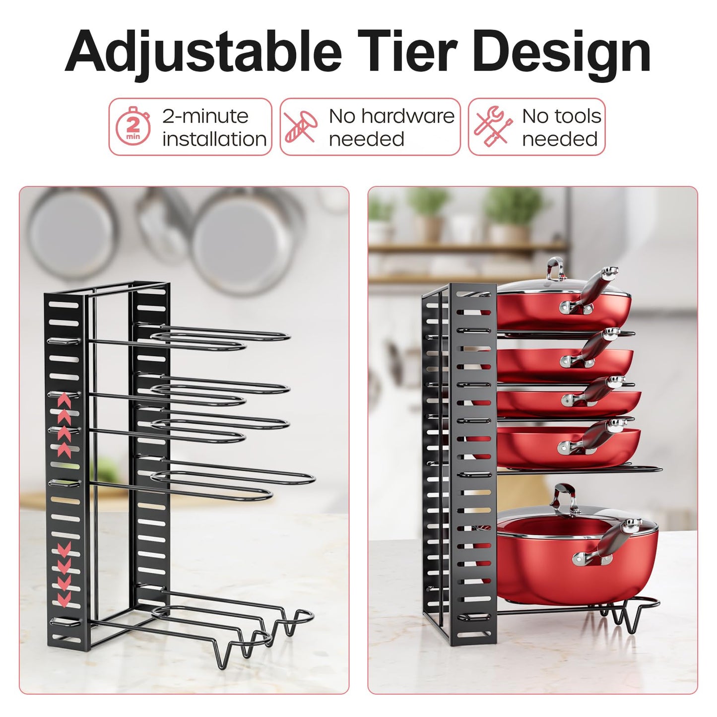 MUDEELA 8-Tier Pots and Pans Organizer under Cabinet, 16.61" Height Light Duty Pot and Pan Organizer Kitchen Cabinet Organization and Storage, Adjustable Pot Rack with 3 DIY Methods for Lids, Bakeware